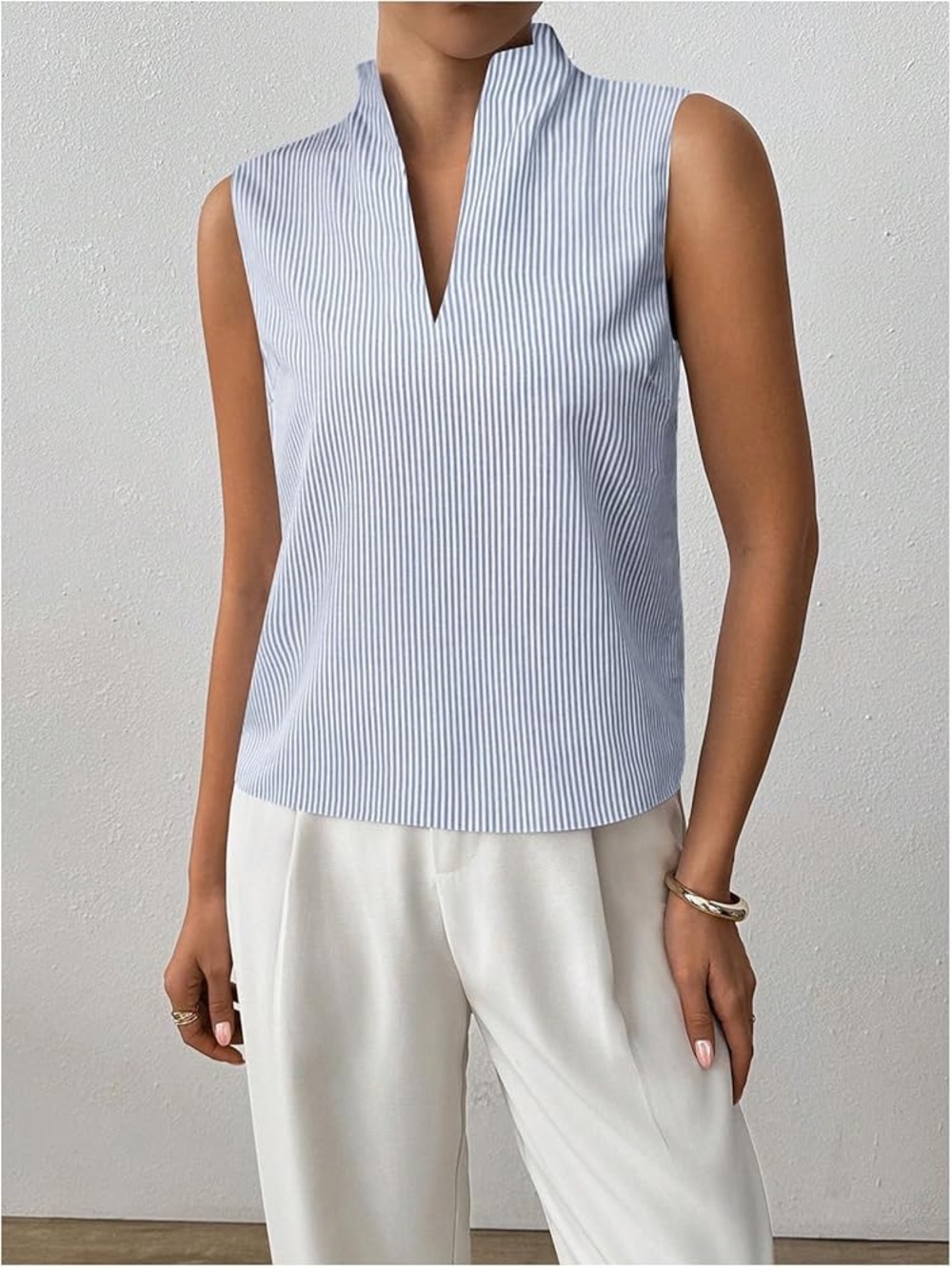 Soly Hux Sleeveless Blue Stripe Notched Neck Top